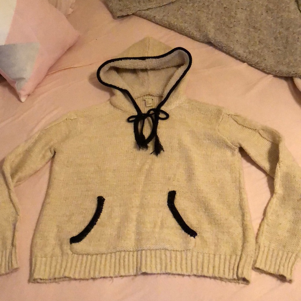 Fuzzy, knit hooded sweater with black trim